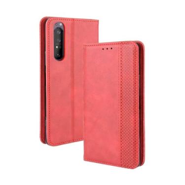 Imagem de Capa flip de couro para SONY Xperia 5 II,Flip magnético retro,Caso de telefone de couro PU,Design de carteira com 3 slots de cartão e 1 clipe de dinheiro -Red