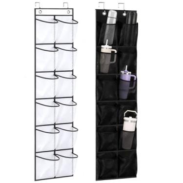 Imagem de Pacote com 2 organizadores de garrafa de água sobre a porta, 12 bolsos cada, duas cores preto e branco, suporte de copo dobrável montado na parede para copos Stanley, armário de cozinha, despensa e