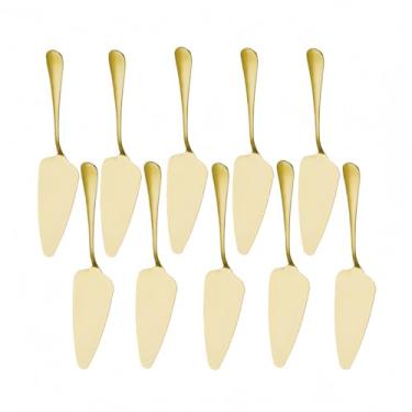 Imagem de Ymeibe Pacote com 10 suportes para tortas de aço inoxidável, espátulas triangulares, borda serrilhada, para assar bolos de pizza, seguro na lava-louças (ouro)