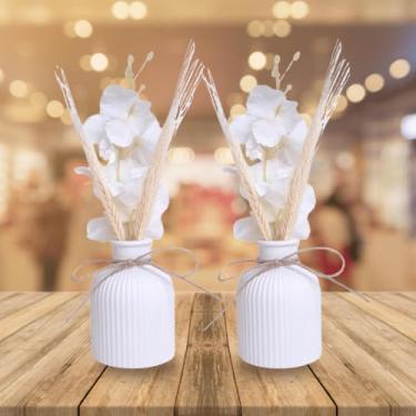 Imagem de Kit 2 Arranjos Com Vasos De Gesso Planta Artificial Decorativa(Flor branca/trigo)