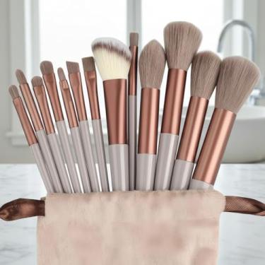 Imagem de Conjunto de pincéis de maquiagem, 13 peças de pincéis de maquiagem profissionais, base sintética premium, corretivo, blush em pó, sombra, sobrancelha, mistura, pincéis de maquiagem para viagem (café)