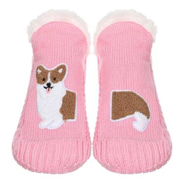 Imagem de Meias femininas felpudas de lã de ovelha com aderência antiderrapante, lindas meias de lã térmica, meias quentes e grossas de inverno, presente aconchegante, Corgi, One Size