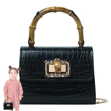 Imagem de genkigold Mini bolsa infantil com alça de bambu: bolsa infantil com estampa de couro de crocodilo, ônix da meia-noite preto, presente de Natal, aniversário ou feriado para festas de meninas