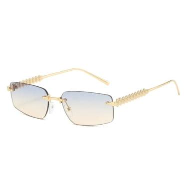 Imagem de HCHES Óculos de Sol Femininos de Luxo Sem Armação com Lentes Degradê, Estilo Retrô, com Rebites, Casuais e Proteção UV400 (Dourado, Azul e Marrom)