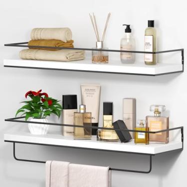 Imagem de Shario Prateleiras flutuantes brancas – Conjunto de 2, prateleiras suspensas montadas na parede com toalheiro preto, prateleiras decorativas para banheiro, cozinha, sala de estar e quarto (branco