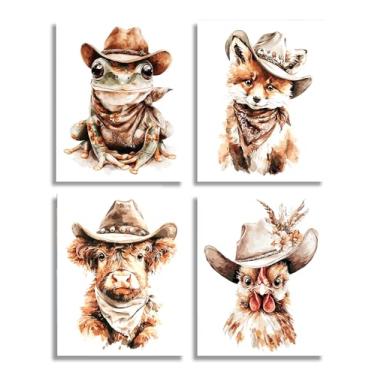 Imagem de Frimeeme Impressões de arte de parede de animais caubóis rústicos, conjunto de 10 x 25 cm, arte em estilo aquarela sem moldura para sala de estar, quarto, quarto de crianças