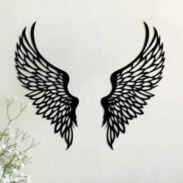 Imagem de DUOOLN 2 peças de arte de decoração de parede de metal asas de anjo, abstração de ferro, minimalismo, linha única, placa de escultura de parede, para sala de estar, quarto, sala de jantar, escritório