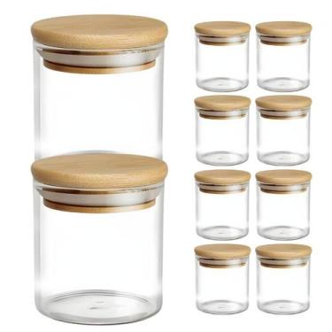 Imagem de Kit De 12 Potes Hermético Mantimento De Vidro Com Tampa Bambu 200ml - 