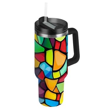 Imagem de Joisal Copos de vidro colorido abstrato com tampa e canudo garrafa de água de aço inoxidável isolado copo de 850 g com alça adultos carros xícara de café bebida quente