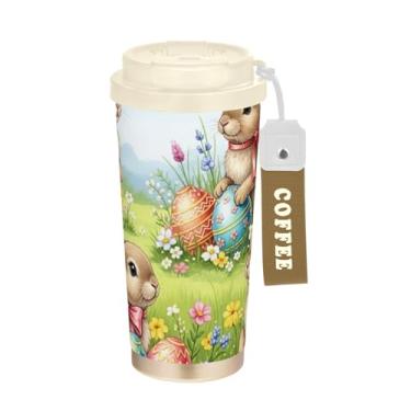 Imagem de TSENQUE Caneca de café de viagem 40 ml com canudo e tampa, caneca de café de aço inoxidável à prova de vazamento para escritório, escola, festa, acampamento, coelhinhos fofos, páscoa colorida