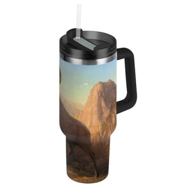 Imagem de Joisal Copos com tampas e canudo Bierstadt Albert Rocky Mountain Sheep Ovis Montana Copo com alça Garrafas de água rosa de 1,134 g Caneca de café de carros de aço inoxidável isolada bebida quente