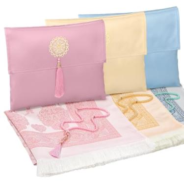 Imagem de Breling Pacote com 3 tapetes de oração muçulmana com Tasbih e bolsa portátil, presente muçulmano para mulheres, homens, tapete de oração, conjunto de presentes islâmicos para Ramadã, Eid Hajj, viagem