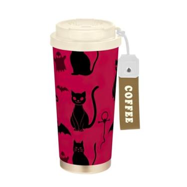 Imagem de TSENQUE Caneca de café de viagem com revestimento cerâmico, caneca de café de aço inoxidável com tampa e canudo, copo isolado a vácuo, Halloween preto morcego gato rosa