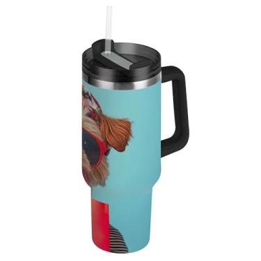 Imagem de Chic Yorkie Dog Bag Print Tumblers com tampa e canudo garrafas de água de aço inoxidável isolado 1,134 g copo com alça copo de café rosa carro