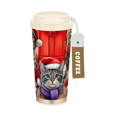 Imagem de TSENQUE Copo de café de 473 ml com canudo e tampa, copo de café de viagem de aço inoxidável à prova de vazamento para escritório, escola, festa, acampamento, gatos fofos, animais de Natal