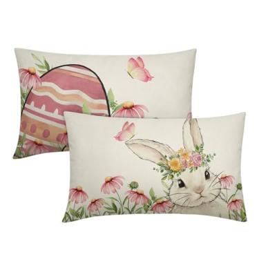 Imagem de Conjunto de 2 capas de almofada de primavera, Páscoa, 30 x 50 cm, coelho coelho, rosa, amarelo, ovo, floral, borboleta, férias, lombar, sazonal, exterior, fazenda, retangular, capas de almofada