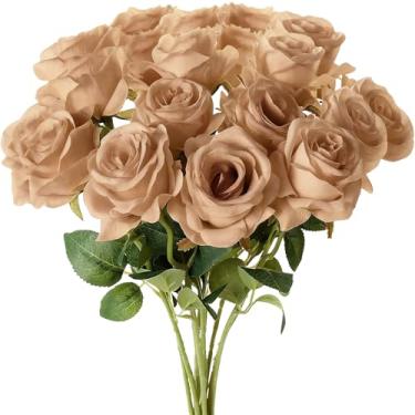 Imagem de TFSWUFI Flores artificiais de rosas de café, 15 peças, rosas falsas de seda com hastes longas, rosa sintética para centros de mesa de casamento, decoração de casa, arranjos florais internos, decoração