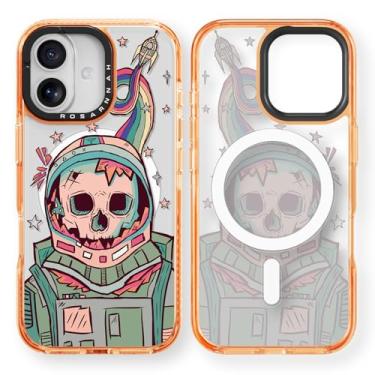 Imagem de Rosarnnah Capa para iPhone 17 fofa - compatível com Magsafe - Capa de telefone à prova de choque com proteção contra quedas de grau militar de 2 m - Design The Last Astronaut (16,3 cm) laranja cósmico