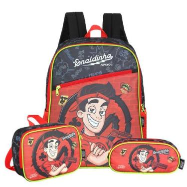 Imagem de Kit Mochila Enaldinho Costas Lancheira E Estojo Duplo Escola, Vermelho