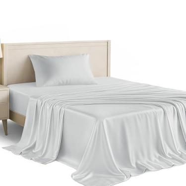 Imagem de Conjunto de lençóis de cetim solteiro Lux Decor de 3 peças – Tecido luxuoso sedoso macio 100% poliéster, lençol com elástico alto – Roupa de cama macia e respirável com fronhas (cinza)