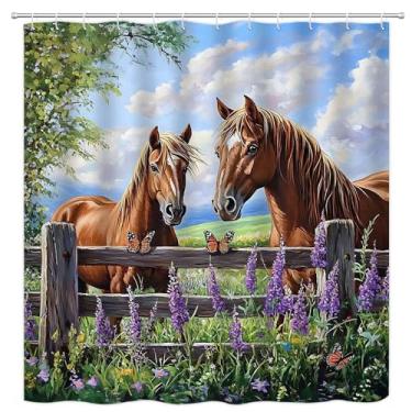 Imagem de VPUPCN Cortina de chuveiro Western Horse rústica masculina garanhão cavalos país cerca de madeira floral campo fazenda cortinas de poliéster decoração de banheiro com ganchos 177,8 cm L x 180 A