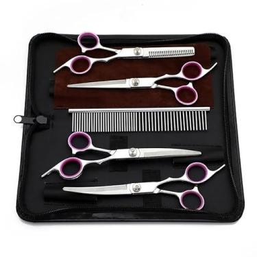 Imagem de Kit 5 em 1 Tesoura Pet Gatos e cães Cabelereiro Profissionai Barbeiro Animais de estimação - Precisão e Conforto para Cortes Profissionais em Cães e Gatos(Vermelho)