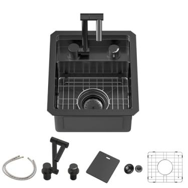 Imagem de Sarlai Pia de barra de montagem inferior, estação de trabalho para pia externa de 33 x 38 cm com torneira dobrável, tigela única, pias de aço inoxidável calibre 16 com tampa para churrasqueira externa