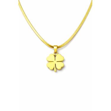 Imagem de Colar Trevo 4 Folhas Dourado, Banhado a Ouro, 45cm, Pingente da Sorte, Aço Inoxidável, Unissex