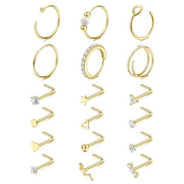 Imagem de Jstyle Anéis de nariz de ouro 14K para mulheres e homens - Anéis de nariz de aço inoxidável 18G, argolas em forma de L, piercings de narina, hipoalergênicos, joias, cartilagem de hélice, brincos Daith
