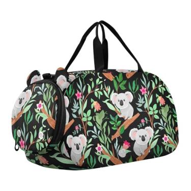 Imagem de Bolsa esportiva rosa de morango para meninos, bolsas de fim de semana para meninas, bolsa de viagem para crianças, Lindas flores de coalas com folhas escuras, Clássico