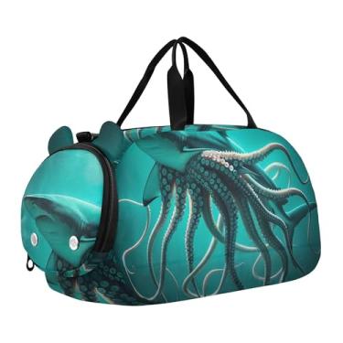 Imagem de Bolsa esportiva para meninos Highland Cow Pink Glasses Overnight Weekender Bolsa de viagem para meninas, garras de tubarão azul-petróleo, Clássico