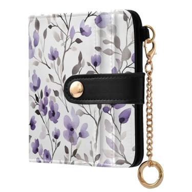 Imagem de SEHANY Carteira feminina elegante com flores roxas com bloqueio de RFID, compacto, porta-cartão de crédito de couro PU, dobrável para moedas, carteiras para mulheres e adolescentes