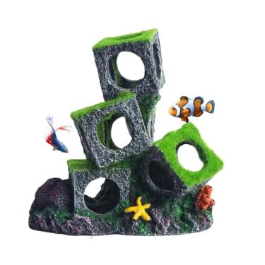Imagem de Ornamento moderno de aquário de cubos empilháveis, decoração de tanque de peixes de caverna de rocha de resina com base de recife colorida e musgo simulado, esconderijo seguro para ciclídeos, camarões