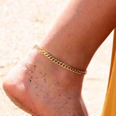 Imagem de Pulseira de tornozeleira feminina, delicada e moderna, pulseira de ouro para mulheres, iniciais de camadas empilháveis, joias da moda | Presente de festa, banhado a ouro 14k/prata 925, Medium, Latão