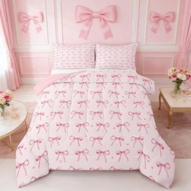 Imagem de Erosebridal Conjunto de cama solteiro, com laço rosa, princesa, para crianças, adultos, romance amor, coração, enchimento de edredom com nó de borboleta