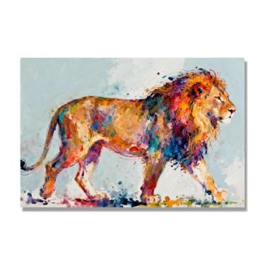 Imagem de NHLDZYH Pintura de leão colorida, impressão de arte abstrata vibrante, decoração de parede de animais selvagens e enérgicos, tela contemporânea moderna para quarto, academia, quarto de crianças. A35
