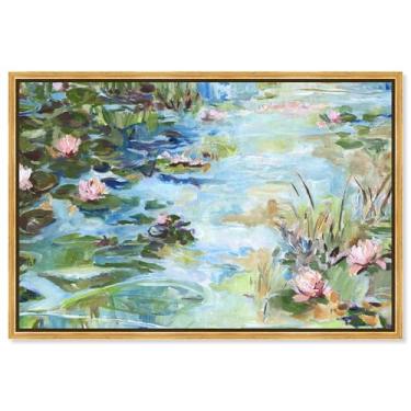 Imagem de Decoração de parede azul com impressão em tela Reflections in Bloom por Art Remedy, moldura dourada, 38 x 25 cm