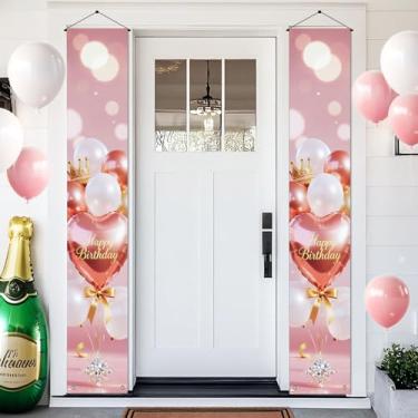 Imagem de BlissYard Banner de porta de aniversário 30 x 182 cm sinal de balão de coração ouro rosa com fita de coroa decoração de diamante letra feliz aniversário fundo rosa para parede interior exterior festa