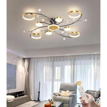 Imagem de Luminária de teto LED dimerizável com cristais, 90W, grande, para sala de estar, 108cm, moderna, dourada, para quarto, com controle remoto, cúpula de acrílico, lustre criativo para sala de j