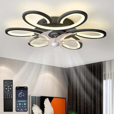 Imagem de Ventilador de teto para quarto com luzes LED reguláveis, função de memória, ventilador pequeno, silencioso, reversível, 6 velocidades, com temporizador, moderno, preto, controle remoto + apl