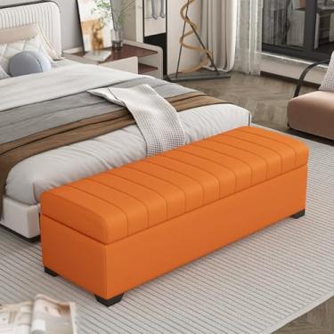 Imagem de Entryway Bench with Storage, Solid Wood Frame, PU Leather Upholstery, Hidden Storage, High-resilience Foam Filling, Sturdy Legs for Support, Suitable for Bedroom Use(Orange,60*40*40cm/24*16*16in)