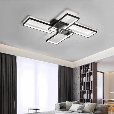 Imagem de Luminária de teto LED moderna retangular para sala de estar, em alumínio e acrílico, com controle remoto e regulagem de intensidade. Ideal para ambientes internos (90 cm, preta).
