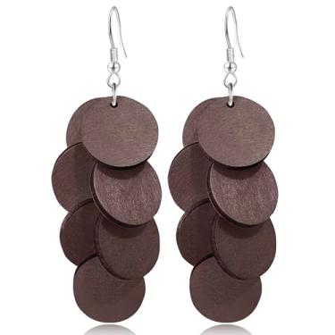 Imagem de StyleJella Brincos de pingente de disco redondo de madeira feitos à mão Boho – Brincos de borla longa em camadas geométricas para mulheres, joias leves para férias, uso diário e festa, Madeira, Sem