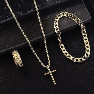 Imagem de 3 peças punk cruz pingente colar pulseira conjunto de anéis simples personalidade hip hop festa jóias acessórios, Medium, Metal, Sem Pedra Preciosa