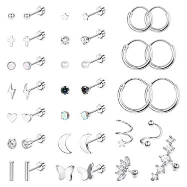 Imagem de Jstyle Brincos de aço inoxidável 20G para mulheres homens estrela lua coração CZ conjunto de brincos de cartilagem brincos pequenos de argola plana pino tragus helix daith piercing jóias, Metal, Zircônia cúbica
