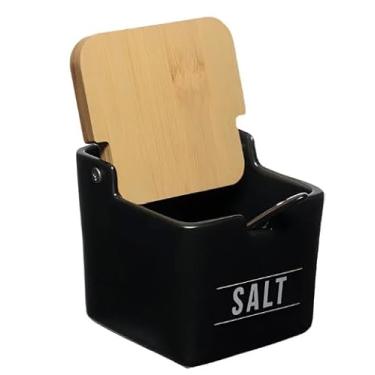 Imagem de Saleiro de Cerâmica com Tampa de Bambu e Colher — Pote de Cerâmica Preto com Design Moderno | Armazenamento Prático e Estiloso para Temperos