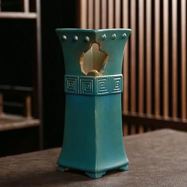 Imagem de SGeneE Vaso de cerâmica fosco quadrado Chinoiserie – O vaso quadrado moderno adiciona um visual elegante a qualquer espaço, use para decoração de casa, centros de mesa de eventos e muito mais