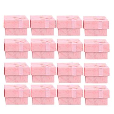 Imagem de Caixa de anel caixa de papelão anel de joias caixa de armazenamento cubo rosa caixa de anel com laço de cetim para aniversários casamentos 16 peças