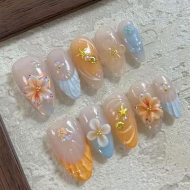 Imagem de 24 unhas postiças de amêndoa média com ponta francesa, unhas falsas de flores 3D com padrão de concha dourada à beira-mar, designs brilhantes, acrílico artificial, cobertura completa, pregos, para