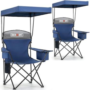 Imagem de Overmont 2 peças de cadeira de acampamento com bolsa térmica de toldo – Cadeira de praia dobrável grande com suporte para copo grande – Cadeira de gramado portátil para viagens ao ar livre, esportes e